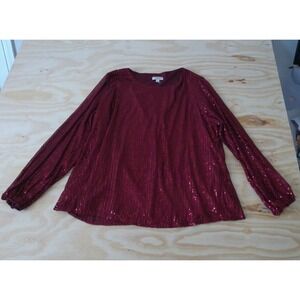 Andree By Unit Women's Blouse 3XL Top Dress Shirt Long Sleeve Red Sequins Maroon